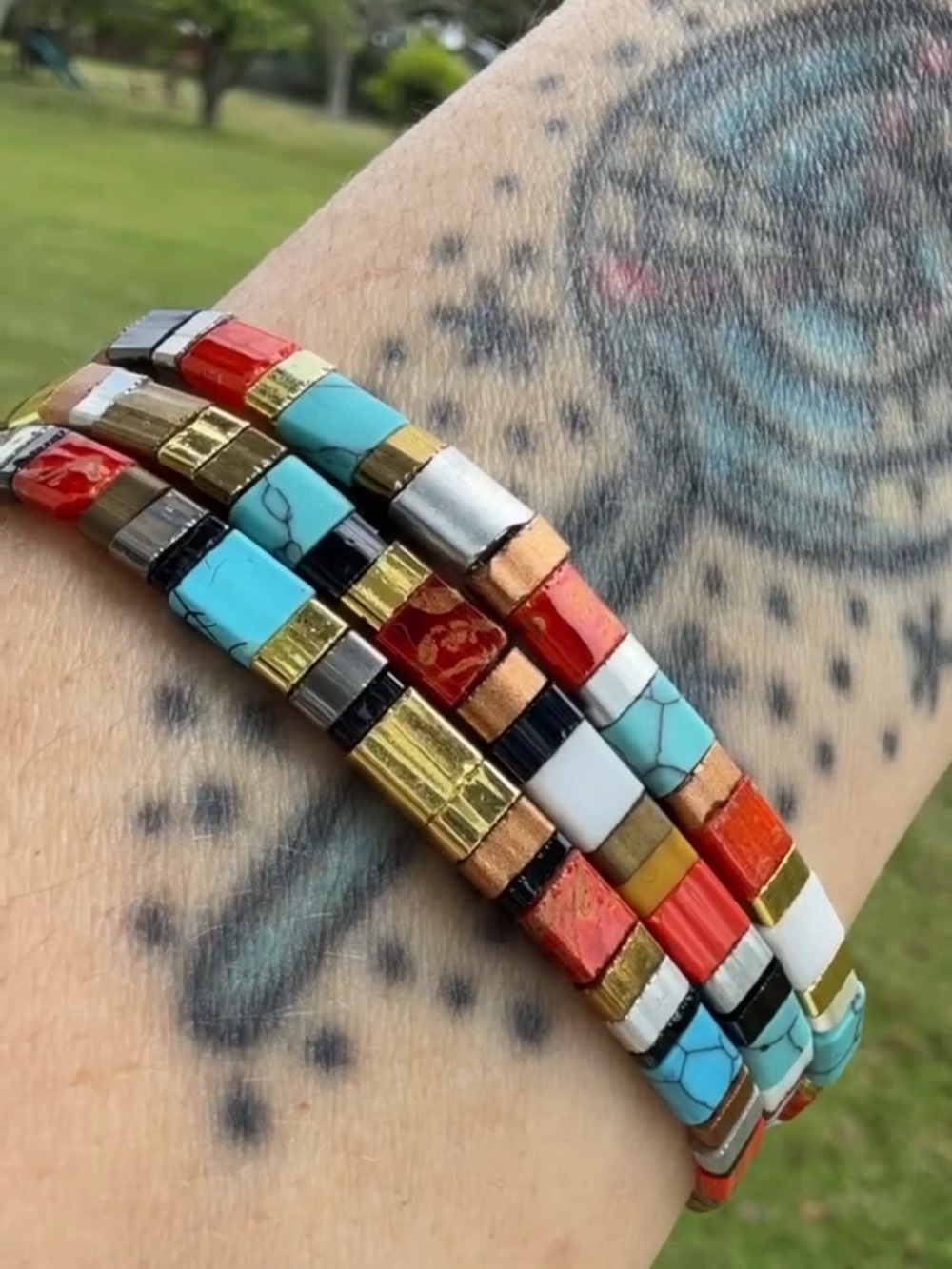 Multicolor Tile Stack Bracelet - Gold & Turquoise Accent